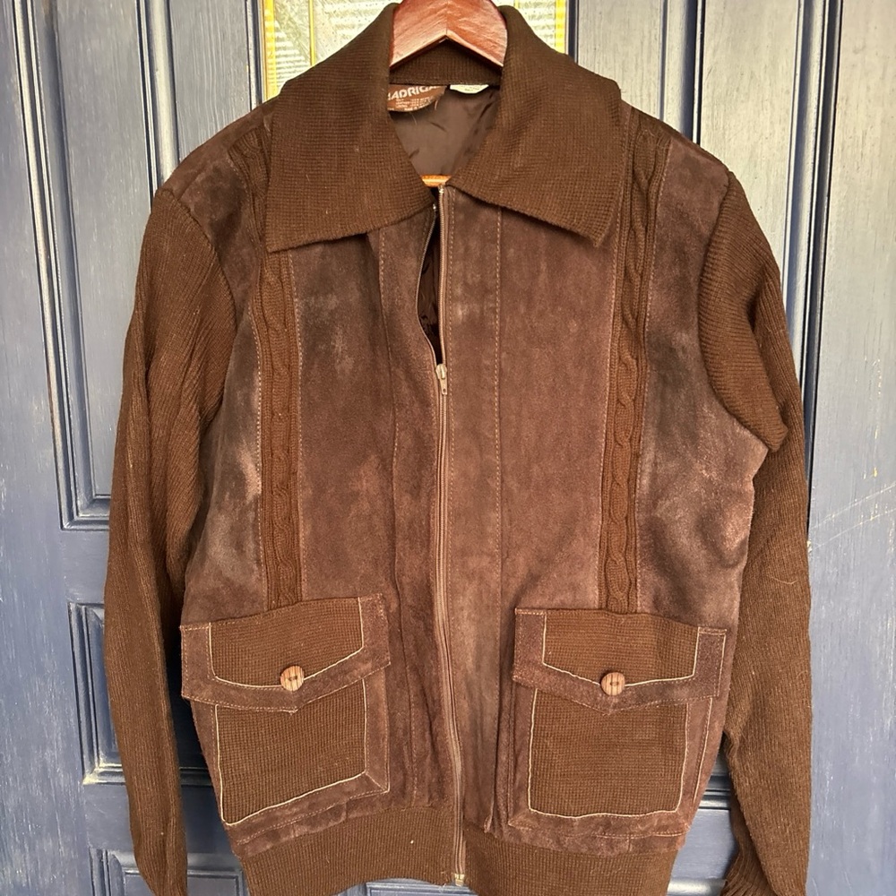 VTG MADRIGAL Streetwear L BROWN Suede Leather Cable Knit Sweater Jacket MCM 70s